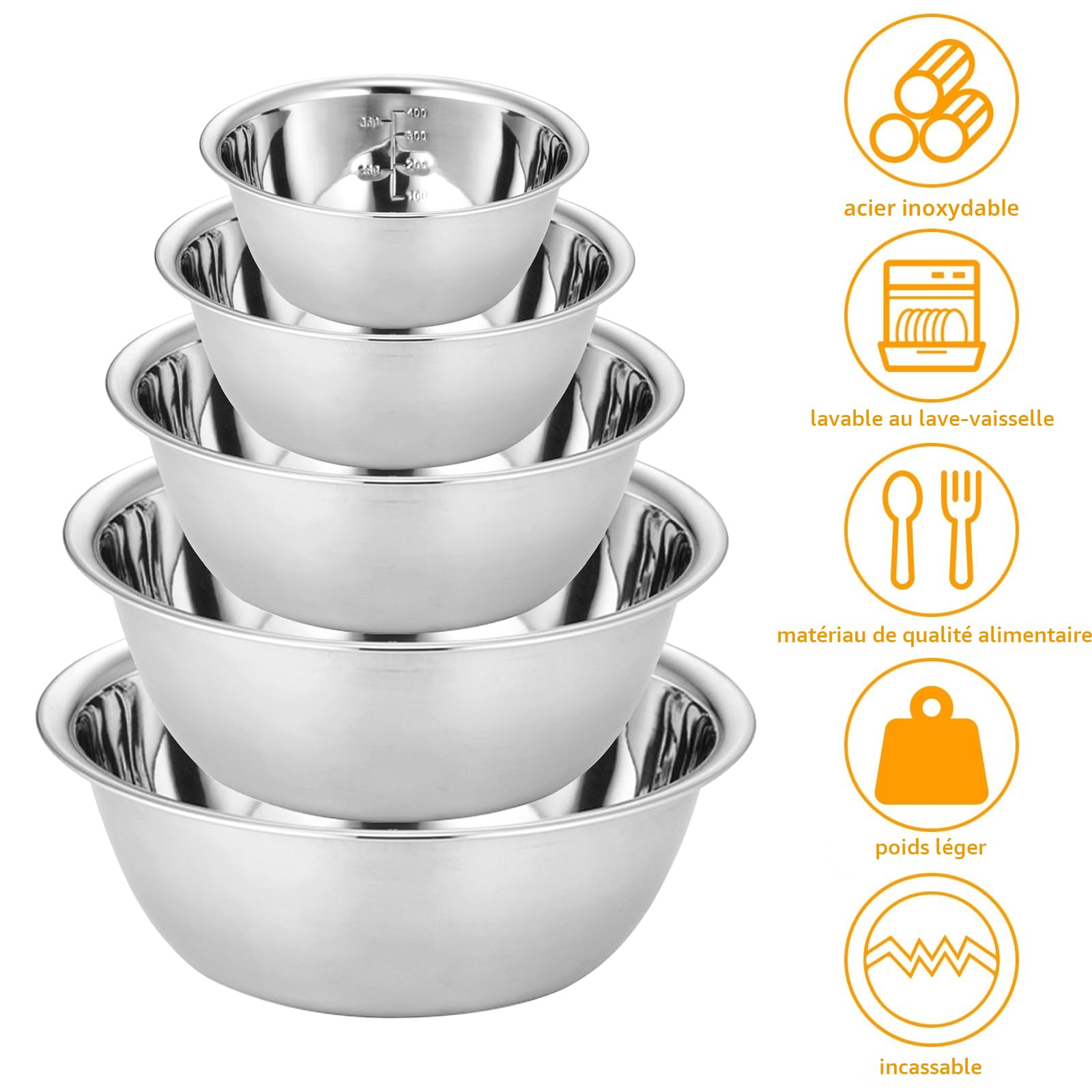 Lot de 5 cul de poule inox, saladiers en acier inoxydable, en 5 tailles, bol inox mélangeurs en acier inoxydable cuisine empilables de service 0,6 l, 0,9 l, 1,6 l, 2 l/2,6 l