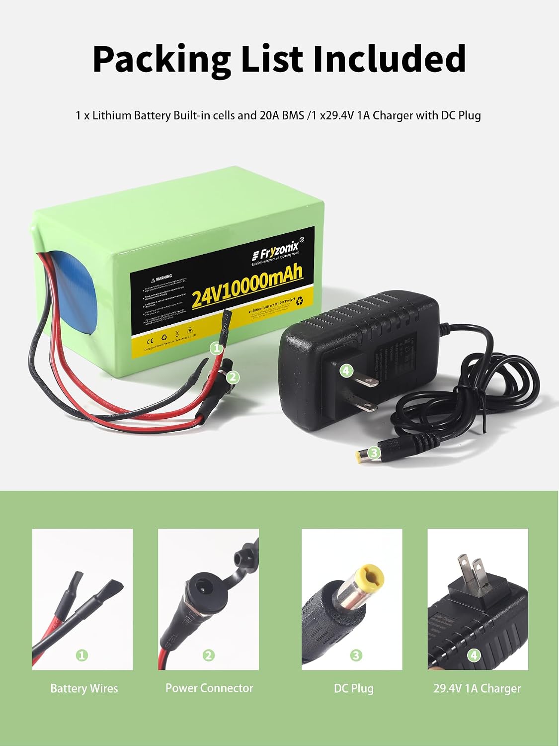 2 Pack 24V 10Ah Lithium Battery with 29.4V 1A Charger, 24 Volt Rechargeable Battery for DIY Projects