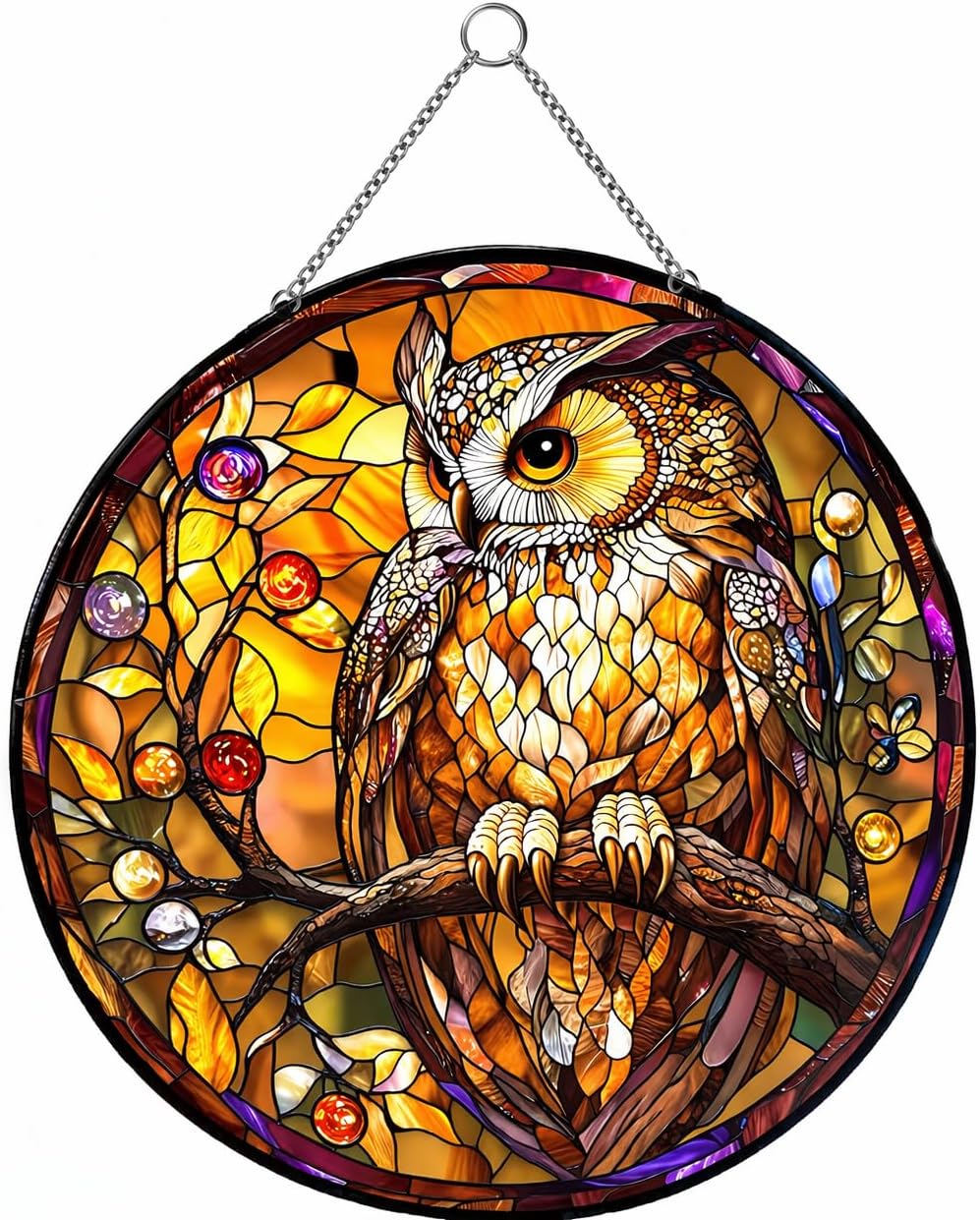 Owl Stained Glass Suncatcher Window Hanging – Vintage Style Owl Sun Catcher with Chain, Colorful Light Reflection Glass Decor for Window, Gift for Bird Lovers Home Decor (14.9x14.9 inch)