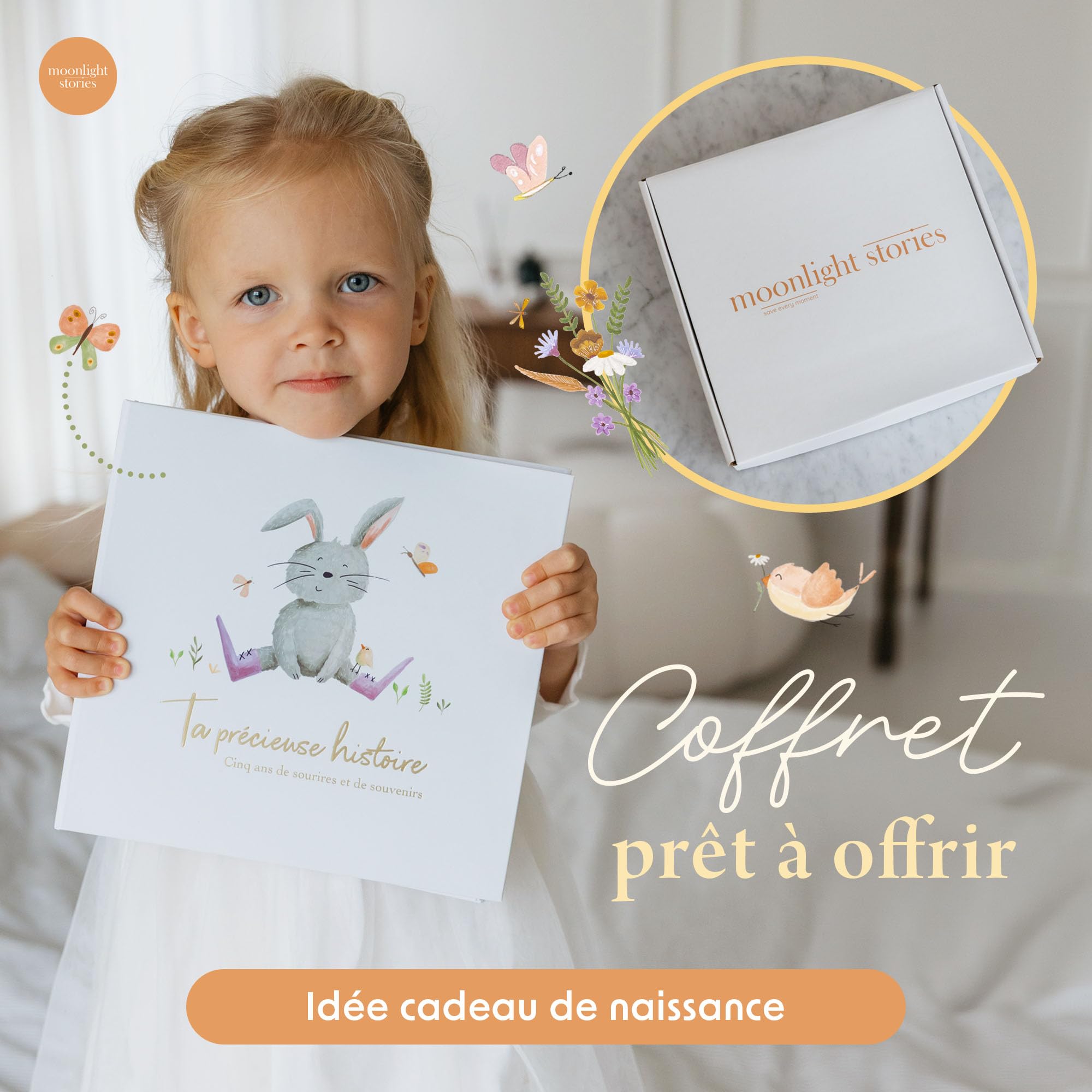 Livre de naissance bébé 0-5 ans avec 13 cartes étapes – Coffret naissance prêt à offrir, album souvenirs 120 pages, 6 pochettes souvenirs, cadeau naissance fille garçon