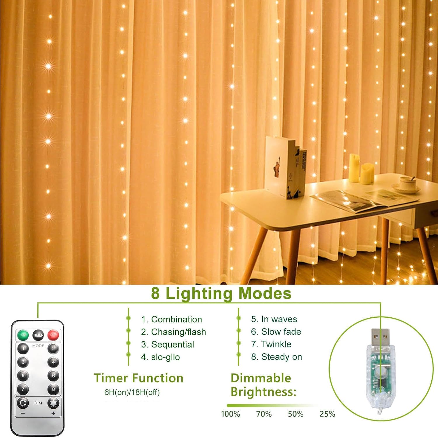 300 LED Curtain String Lights, Fairy String Lights with 8 Light Modes & Remote Controlled, 9.8x9.8ft Indoor Outdoor String Lights for Christmas, Weddings, Party, Bedroom, Wall, Window (Warm white) image 3