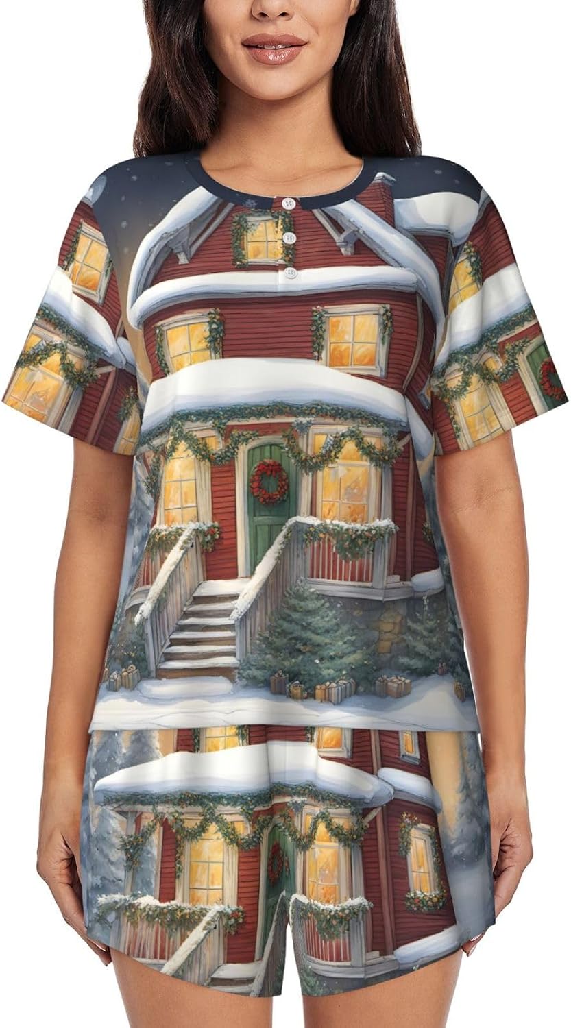 Christmas Village House Print Women'S Short Sleeve Pajama Set,Stylish And Comfortable,For Lounging And Relaxing