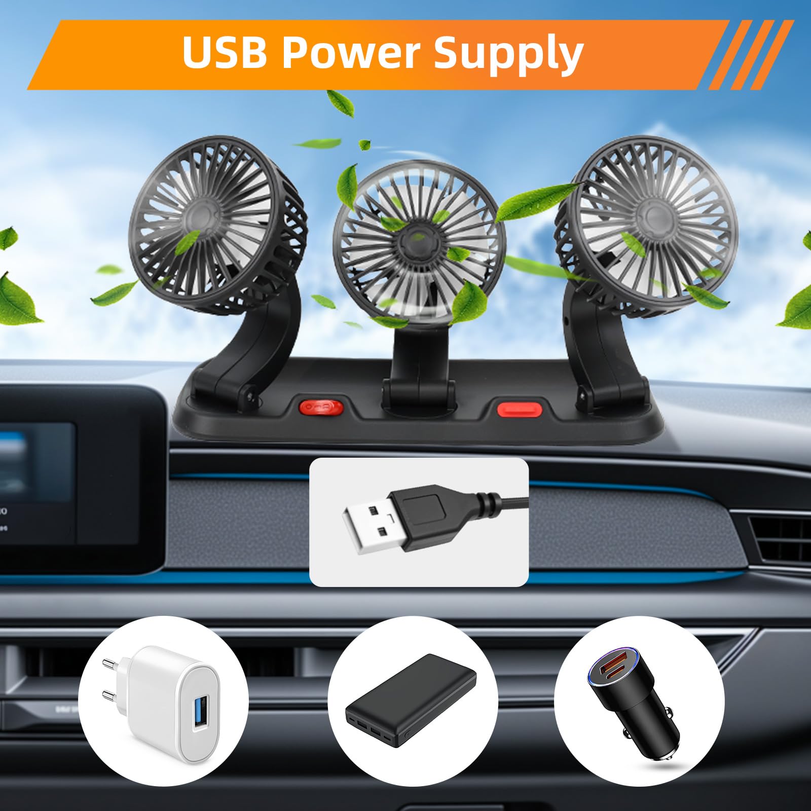 Ventilatore elettrico per auto Riloer 5V / 12V / 24V, ventilatore d'aria portatile a tre teste, ventilatore di circolazione dell'aria di rotazione a 360 °, USB/accendisigari alimentato