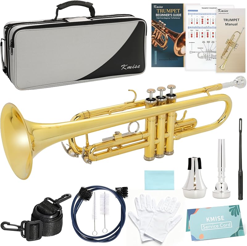 Trompeta estándar Kmise Bb, trompetas de latón premium para estudiantes principiantes, juego de instrumentos de trompeta con estuche mejorado, boquilla 7C, silenciador, kit de guía para principiantes, kit de limpieza (dorado)