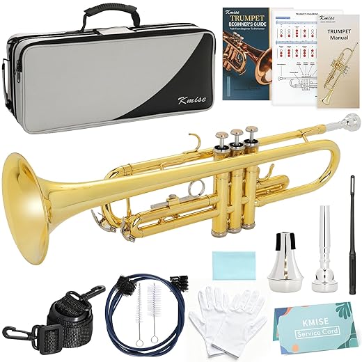 Kmise Bb Standard Trumpet, Premium Brass Trumpets for Student Beginner, Trumpet Instrument Set with Upgraded Case, 7C Mouthpiece, Mute, Beginner's Guide Kit, Cleaning Kit (Gold)