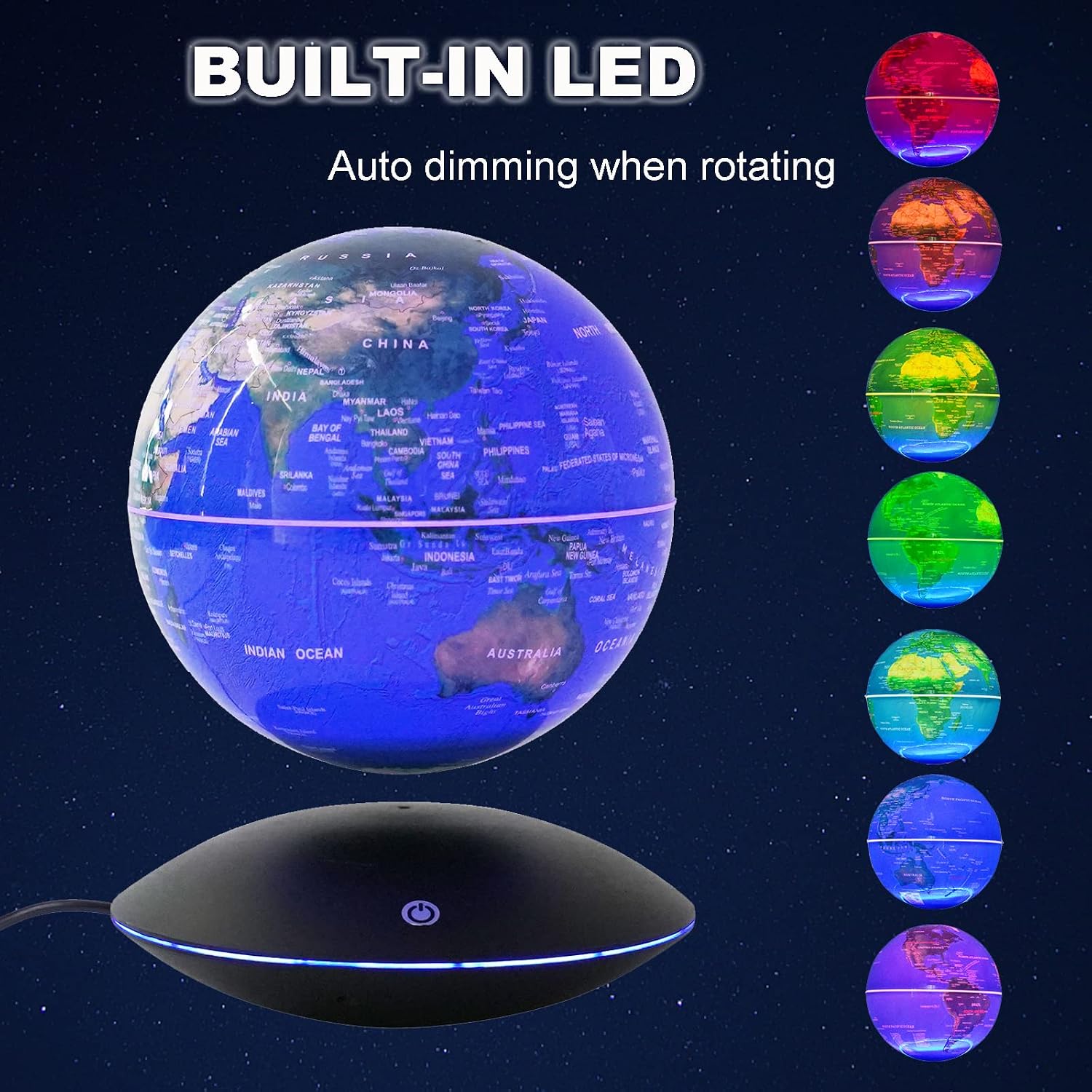 WUPYI 6" Magnetic Levitation Floating Globe Anti Gravity Rotating World Map with LED Light 7 Colors Display Floating Globe for Children Educational Gift Home Office Desk Decor (Style 2)