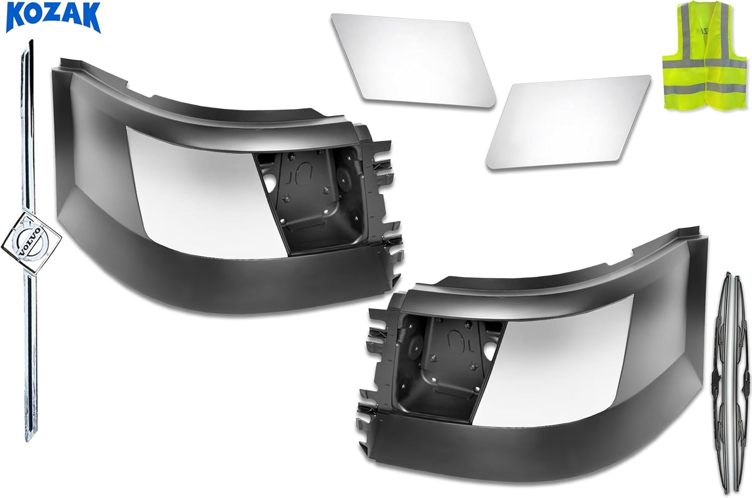 KOZAK Bumper Extension Corners Set w/Chrome Trims Set, w/Fog Light Hole, (Left Driver & Right Passenger Side) Compatible with Volvo VNL 2004-2015 Includes Logo, 2x 22" Windshield Wipers, Vest