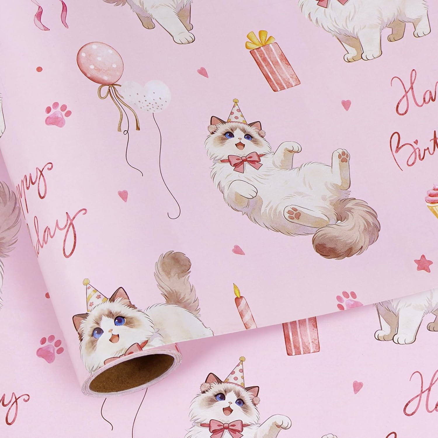 RayofSun Cat Wrapping Paper Roll Cute Cat Ragdoll Gift Wrapping Paper for Birthday, Baby Shower, Mini Rolls Pink Wedding Wrapping Paper, Birthday Party, Pet Party, Bridal Shower 17inx16.5ft