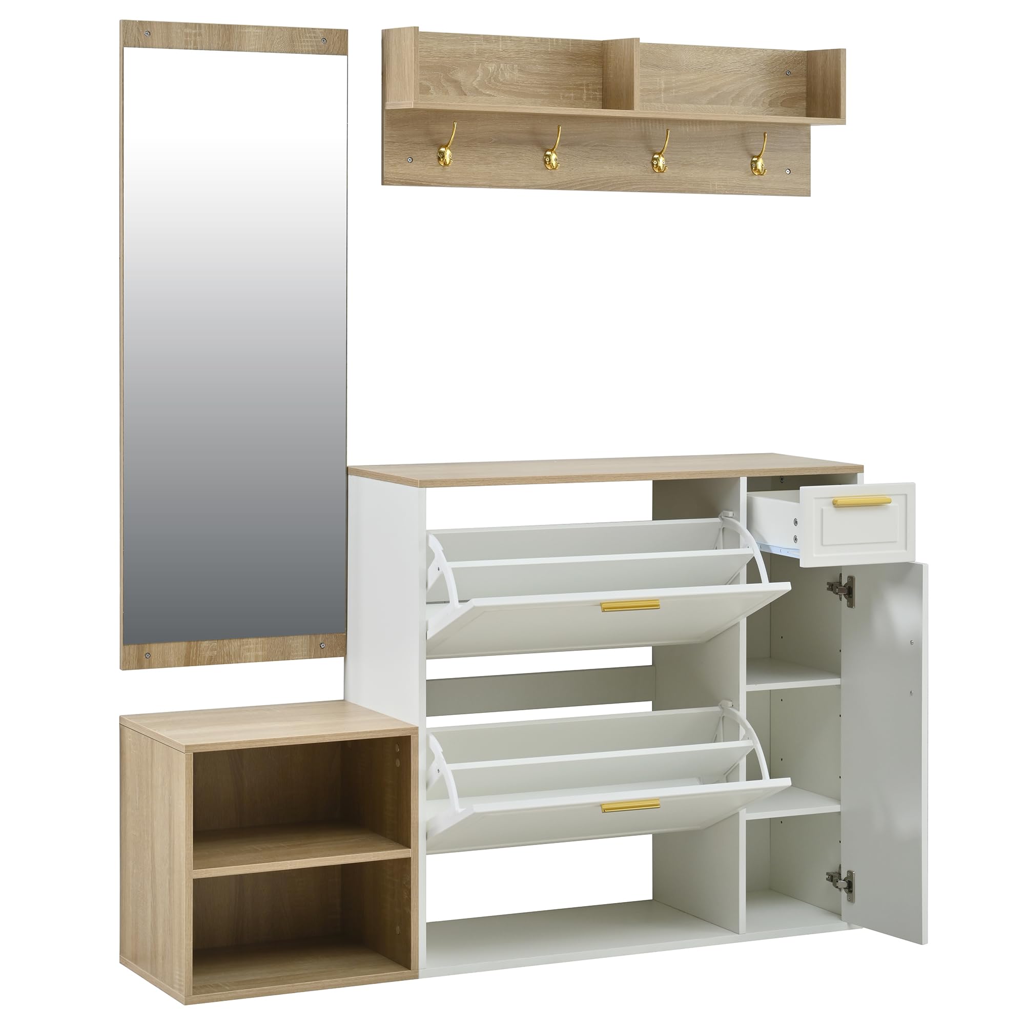 MURUL Set di 4 appendiabiti da 139,5 x 35 x 166 cm, naturale/bianco, con scarpiera, panca, appendiabiti da parete e specchio, set completo per corridoio e ingresso