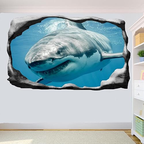 Calcomanía 3D aplastada de Megalodon Great White Shark Wall Sticker 3D Art Poster Mural Decal Wallpaper 30 x 20 pulgadas