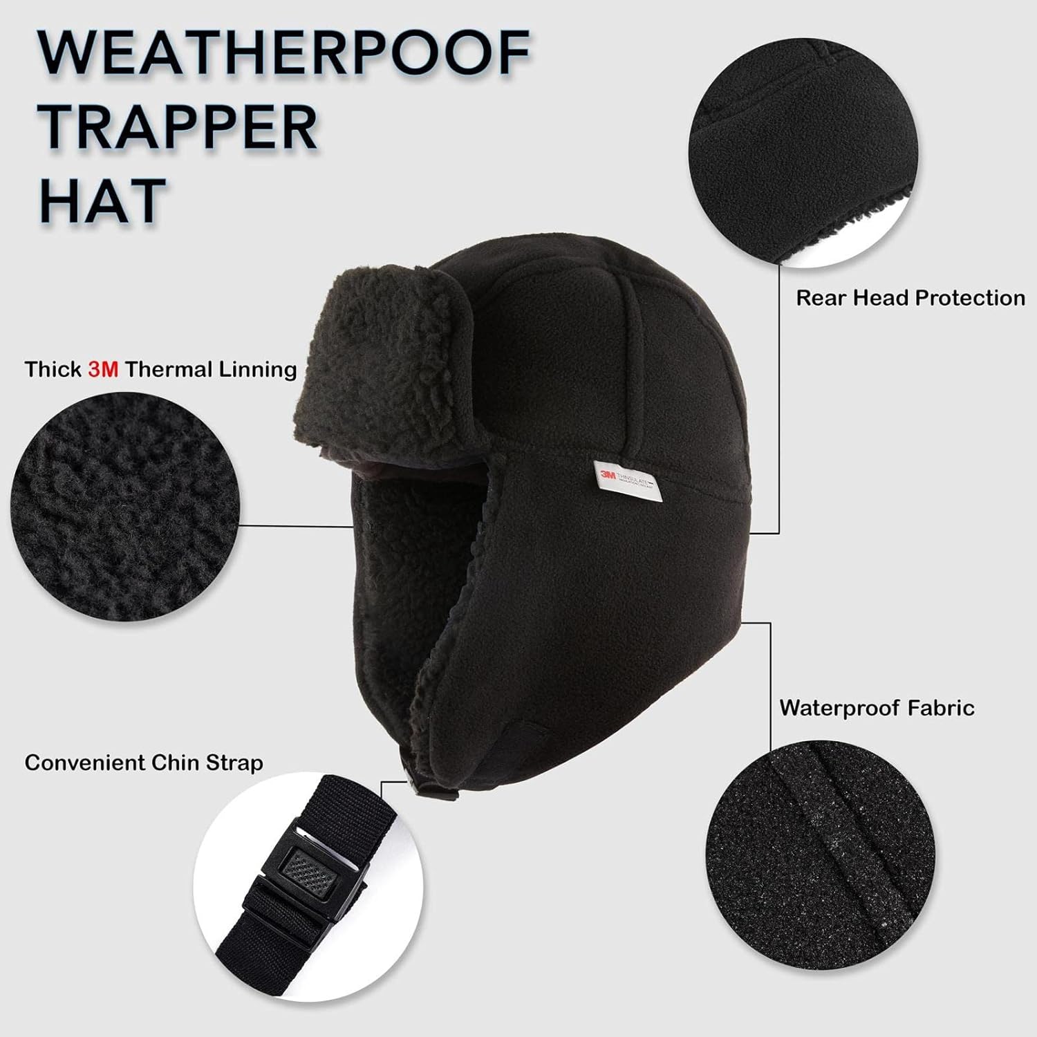 GM Apparel Men’s Trapper Hat Black Soft Thick and Durable