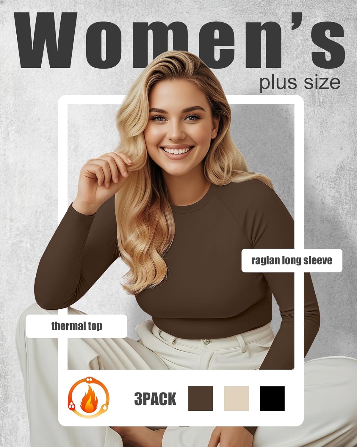 3 Pack Women's Plus Size Thermal Shirts Raglan Sleeve Crew Neck Fleece Lined Tops Long Sleeve Base Layer Underwear - Image 4
