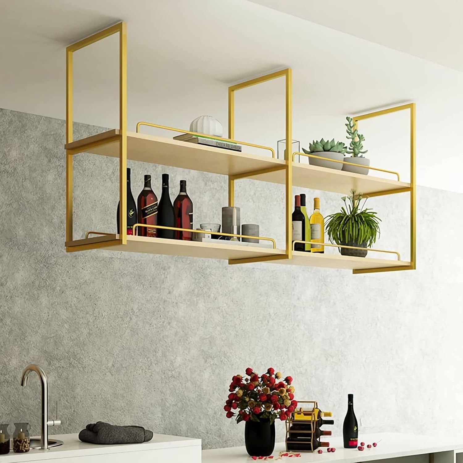 Indoor Hanging Plant Stand with Ceiling Wine Rack and Floating Shelves Iron and Solid Wood Display Stand for Bar and Wine Glass Storage 2nd Floor Ceiling Storage Shelves Size: 100 * 30 * 80c