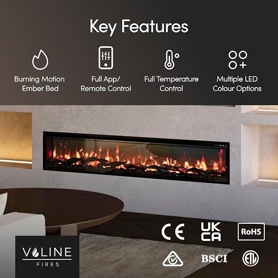 Recessed Electric Freestanding Fireplace UltraSlim Heater 42/106cm, Wall-Mounted Fireplace for Media Wall, Electric Fire with 15 LED Flame Colours, Wifi/Alexa Remote Control, 900W/1800W