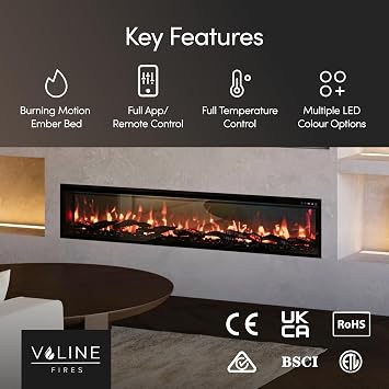 Recessed Electric Freestanding Fireplace UltraSlim Heater 42/106cm, Wall-Mounted Fireplace for Media Wall, Electric Fire with 15 LED Flame Colours, Wifi/Alexa Remote Control, 900W/1800W