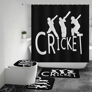 Cricket Players Shower Curtains Set Bathroom Sets with Rugs (Bath Mat,U Shape and Toilet Lid Cover Mat)