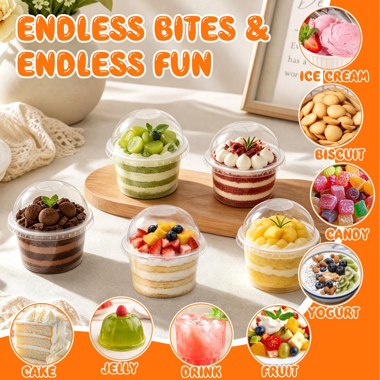 TEHAUX 20 Pack 8 oz Plastic Dessert Cups with Dome Lids, Clear Disposable Parfait Cups for Yogurt, Fruit Salad, Ice Cream, Pudding -Summer Party Wedding Picnic Catering Treat Bowls