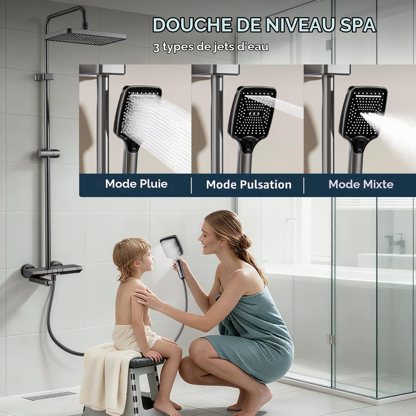 Colonne de Douche, 3 in 1 Kit Douche Complet LED Affichage Numérique, 31x20CM Tête de Pluie, Douchette et Robinet de Baignoire Rétractable, Colonne Douche Hydromassage avec Barre de Douche 135cm