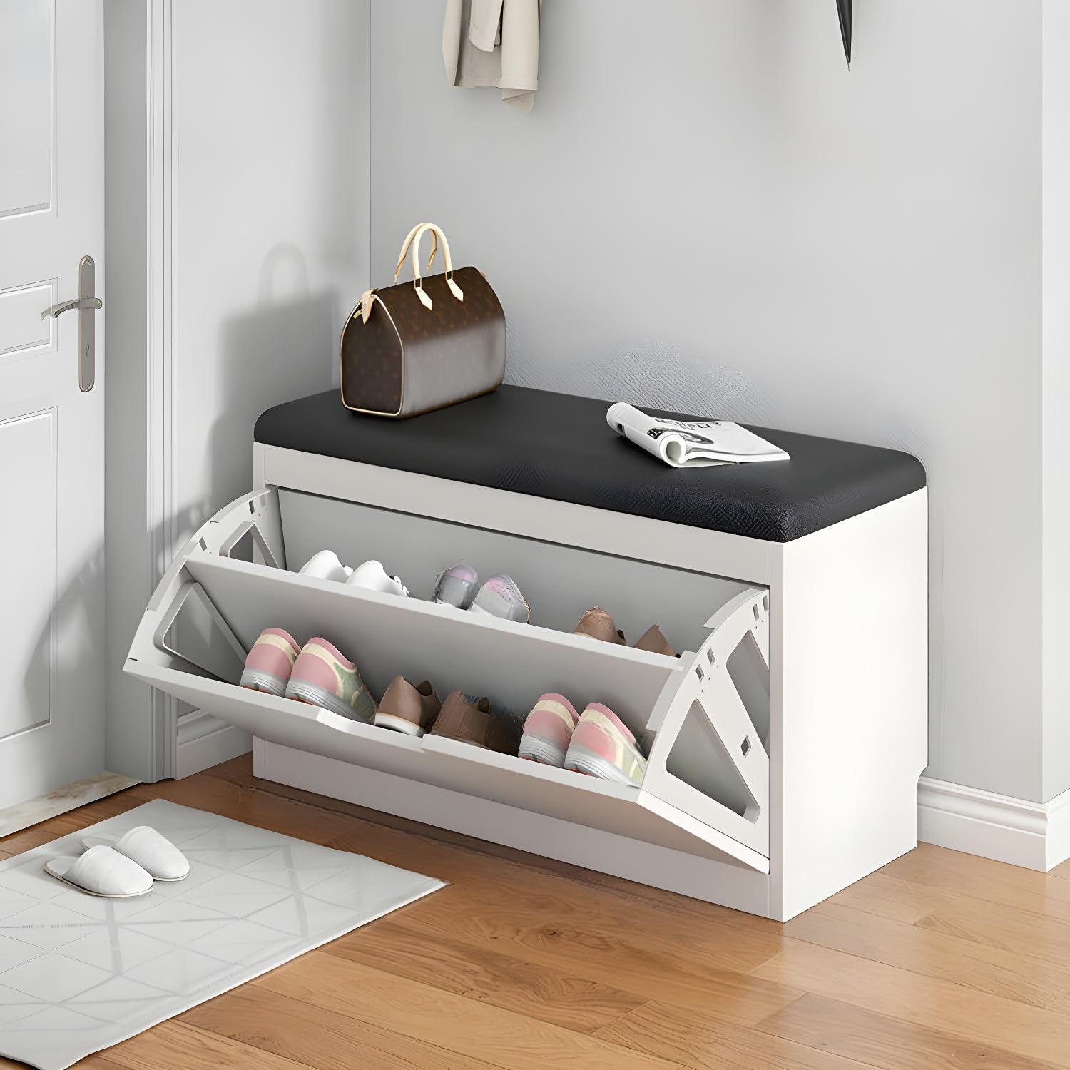LITFAD Modern Shoe Storage Bench with Doors Entryway Shoe Bench with Cushion Seat Hallway Bench with Shoe Storage Cabinet Free Standing Hidden Shoes Organizer - 31.5" L x 12" W x 18" H White