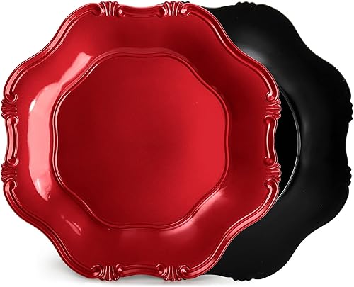 Miniatura 4 de ZOOFOX Juego de 12 platos de carga rojos, cargador festoneado metálico de 13 pulgadas para plato de cena, platos de servicio decorativos para mesa