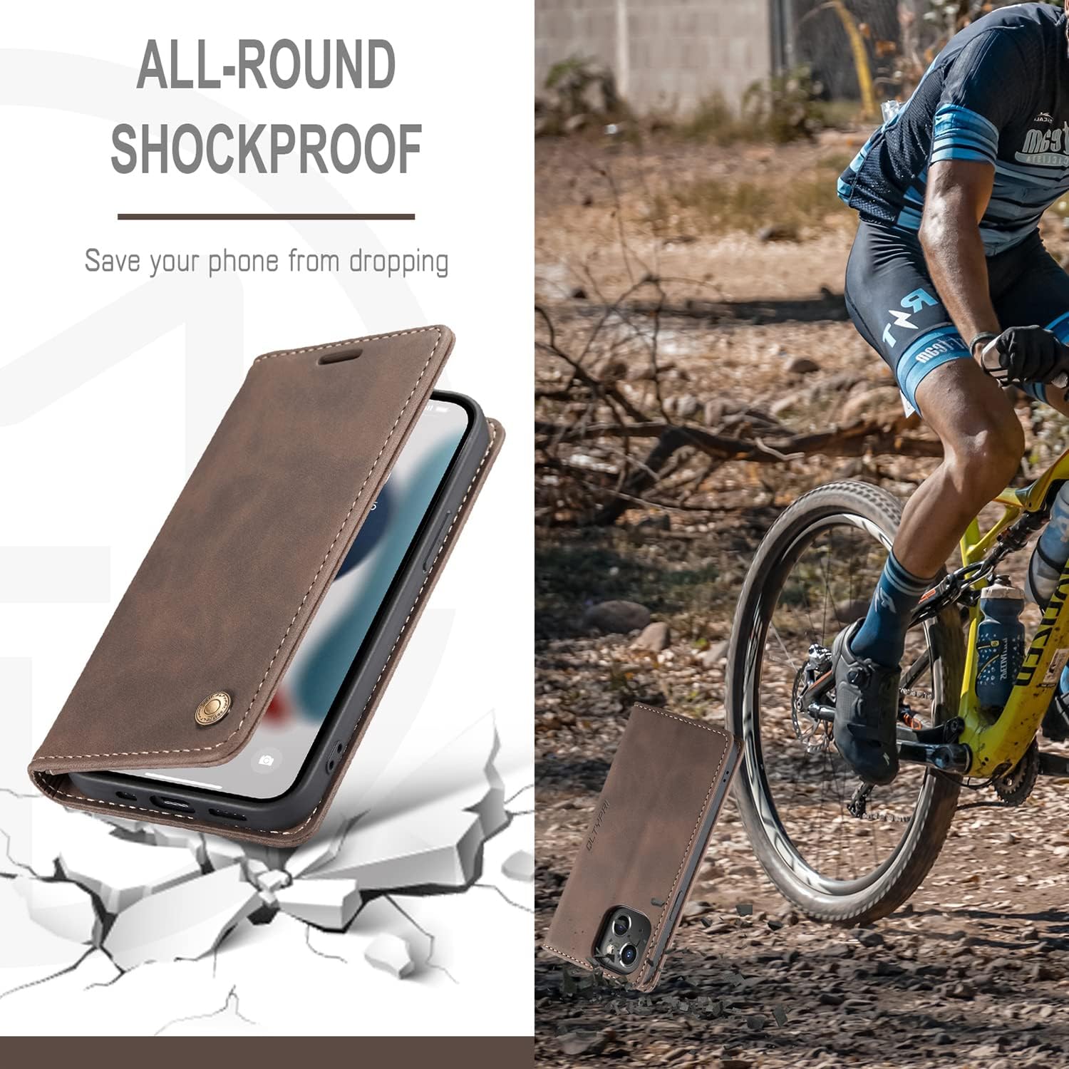 QLTYPRI Case for iPhone 14, Vintage PU Leather Wallet Case Card Slot Kickstand Magnetic Closure Shockproof Flip Folio Book Case Cover for iPhone 14(6.1 inch) - Coffee Brown - Image 5