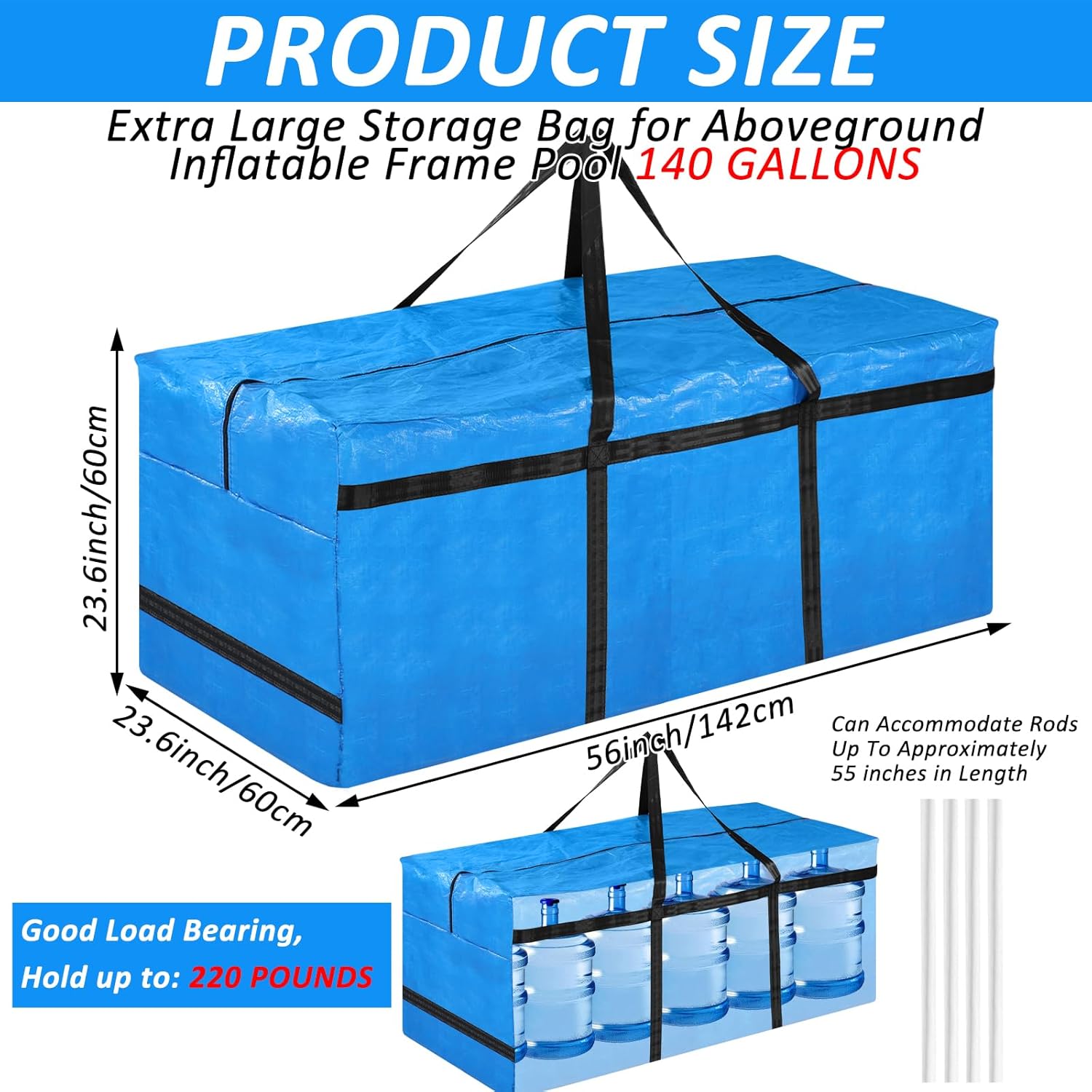 YEXEXINM Blue Extra Large Storage Bag for Aboveground Inflatable Frame Pools Waterproof Storage Bags for Above Ground Pool Heavy-Duty Pool Cover Accessories Storage with 4 Handles,56''x23''x23''