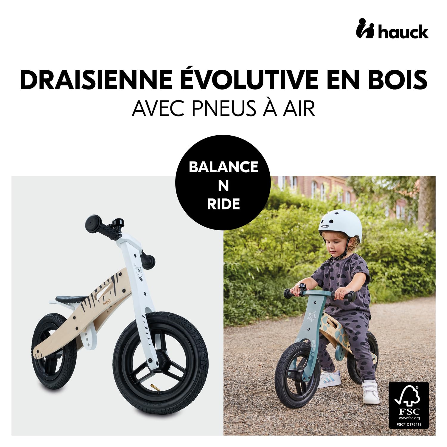Hauck Draisienne 2 Ans Balance N Ride, Velo Bebe en Bois FSC, Supporte Jusqu'à 20 kg, Selle Réglable, Roues Pneumatiques 12 Pouces, Portable, Sonnette