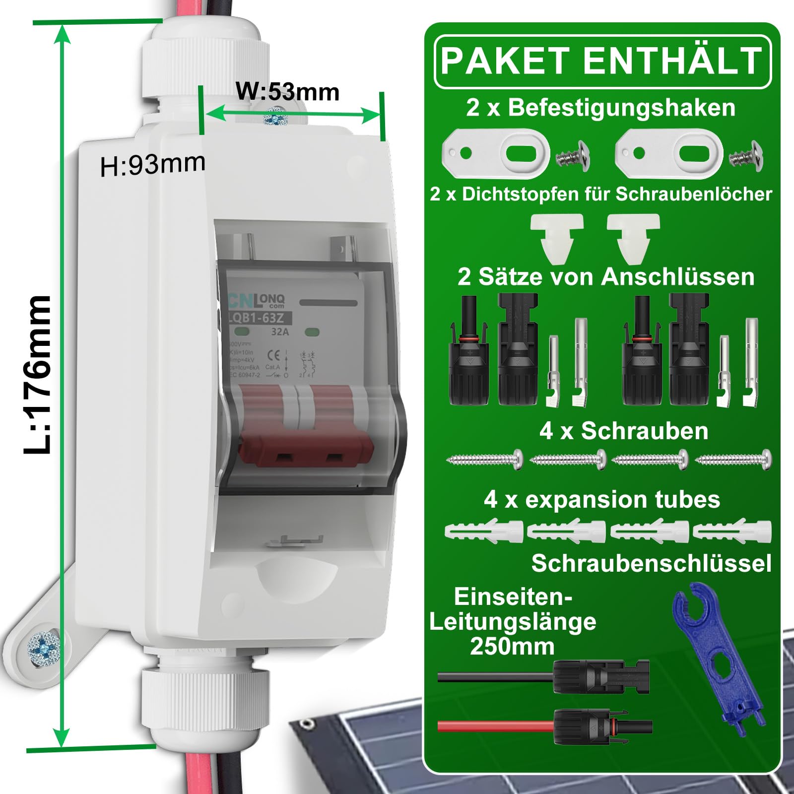 DC Trennschalter PV Anlage 32A 500V Sicherungsautomat 2polig IP65 Wasserdicht mit Kabel und Haken für Solarmodule Einspeisesteckdose Balkonkraftwerk