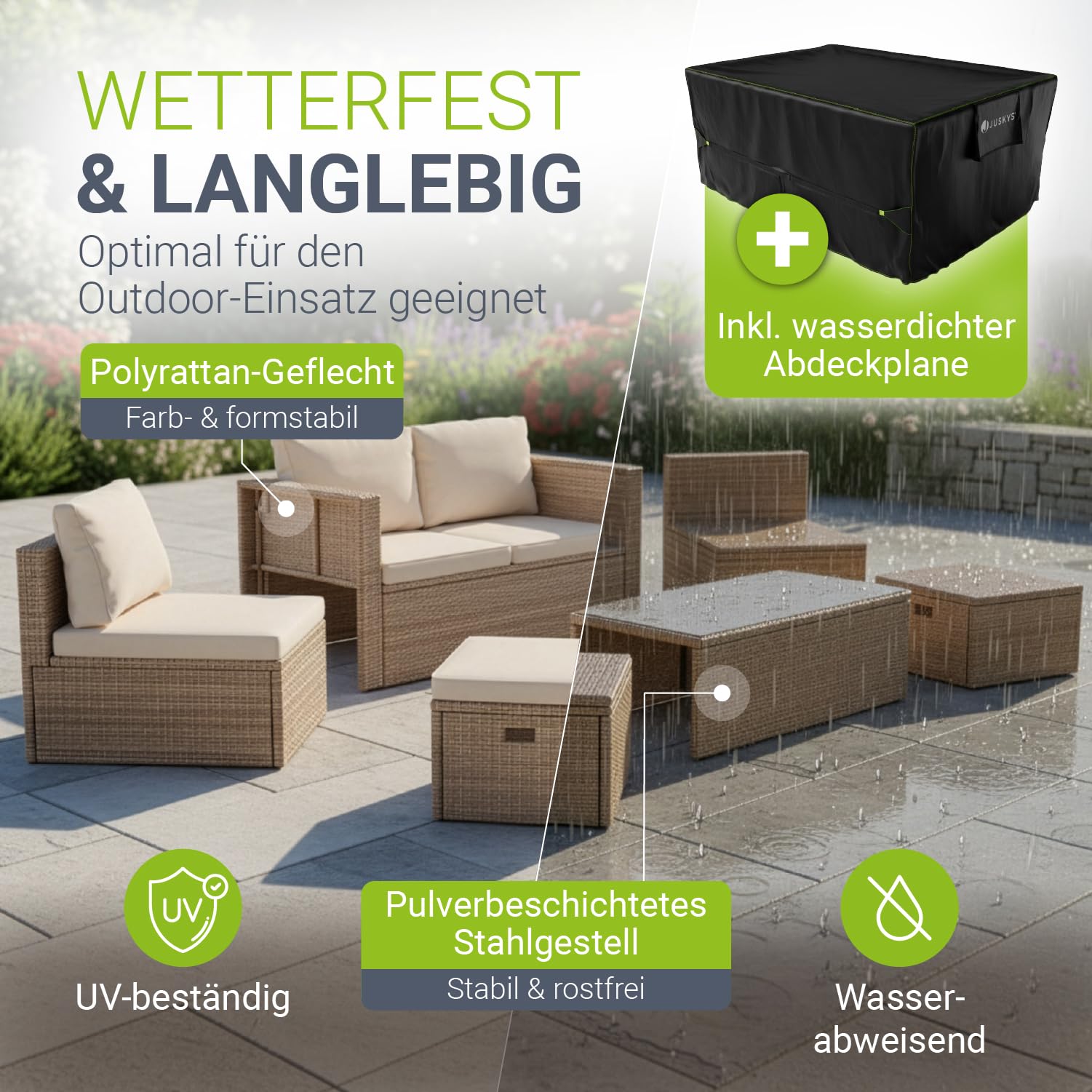 Juskys® Polyrattan Gartenmöbel Set Salou inkl. Abdeckung - Outdoor Lounge wetterfest 6 Personen - Sitzecke mit Tisch & Kissen für Garten, Balkon, Terrasse - Creme/Sand