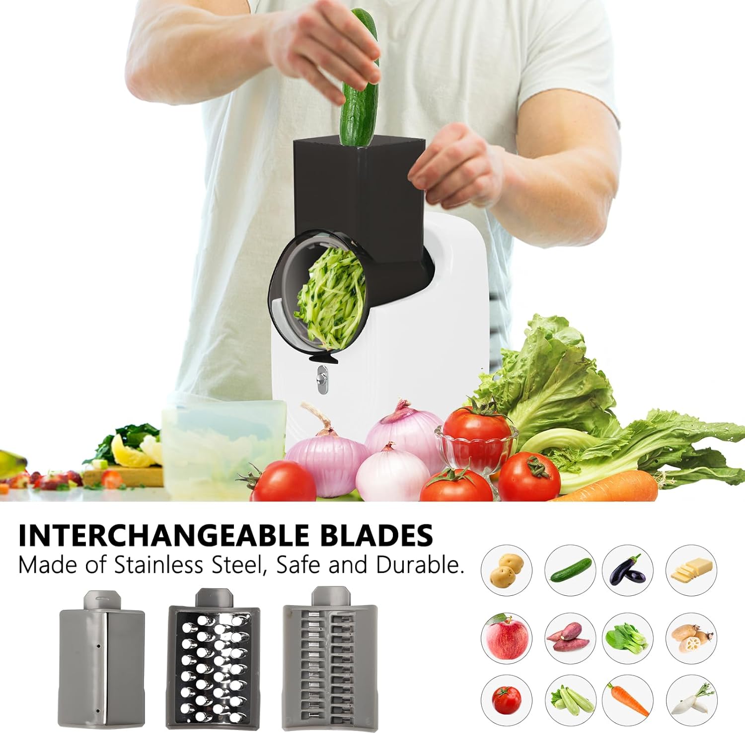 Electric Cheese Grater,Salad Maker With 3 Different Shapes of Blades&Strong Suction Base,Electric Salad Machine for Cheeses,Fruits and Vegetables,Electric Slicer Shredder for Home Kitchen Use (White)