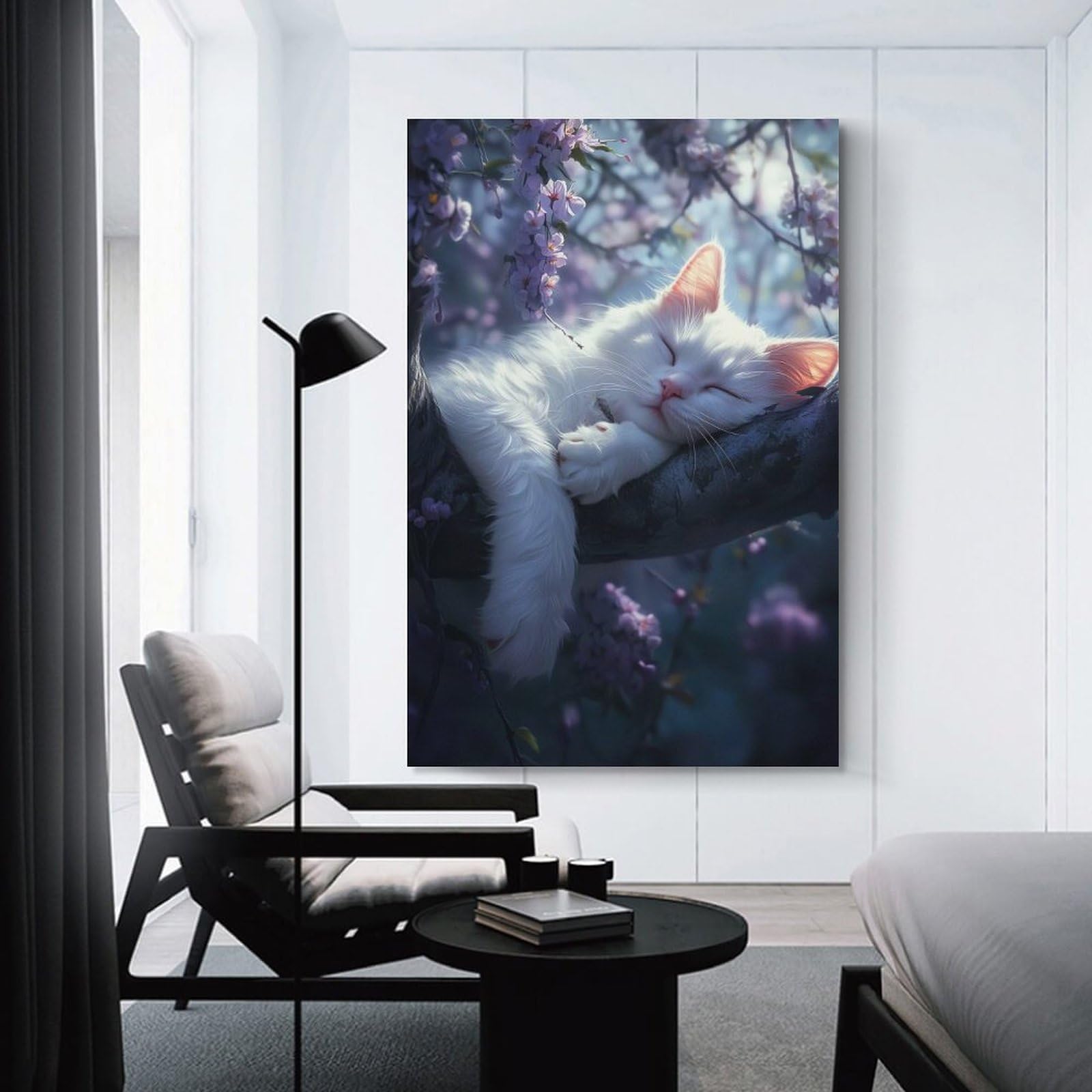 Junmoney Wall Art Print Sleeping Cat in Blossoms, 16x24inch(40x60cm), for Home Lounge, Bedroom Or Reading Nook, Canvas Styling for A Polished Room Look