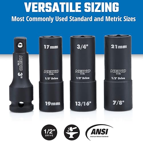 Miniatura 2 de NEIKO 02281B Juego de llaves de vaso de impacto de 12 pulgada  4 piezas  SAE y MM  Barra de extensión de 3 pulgadas  Acero Cr-Mo  Servicio de