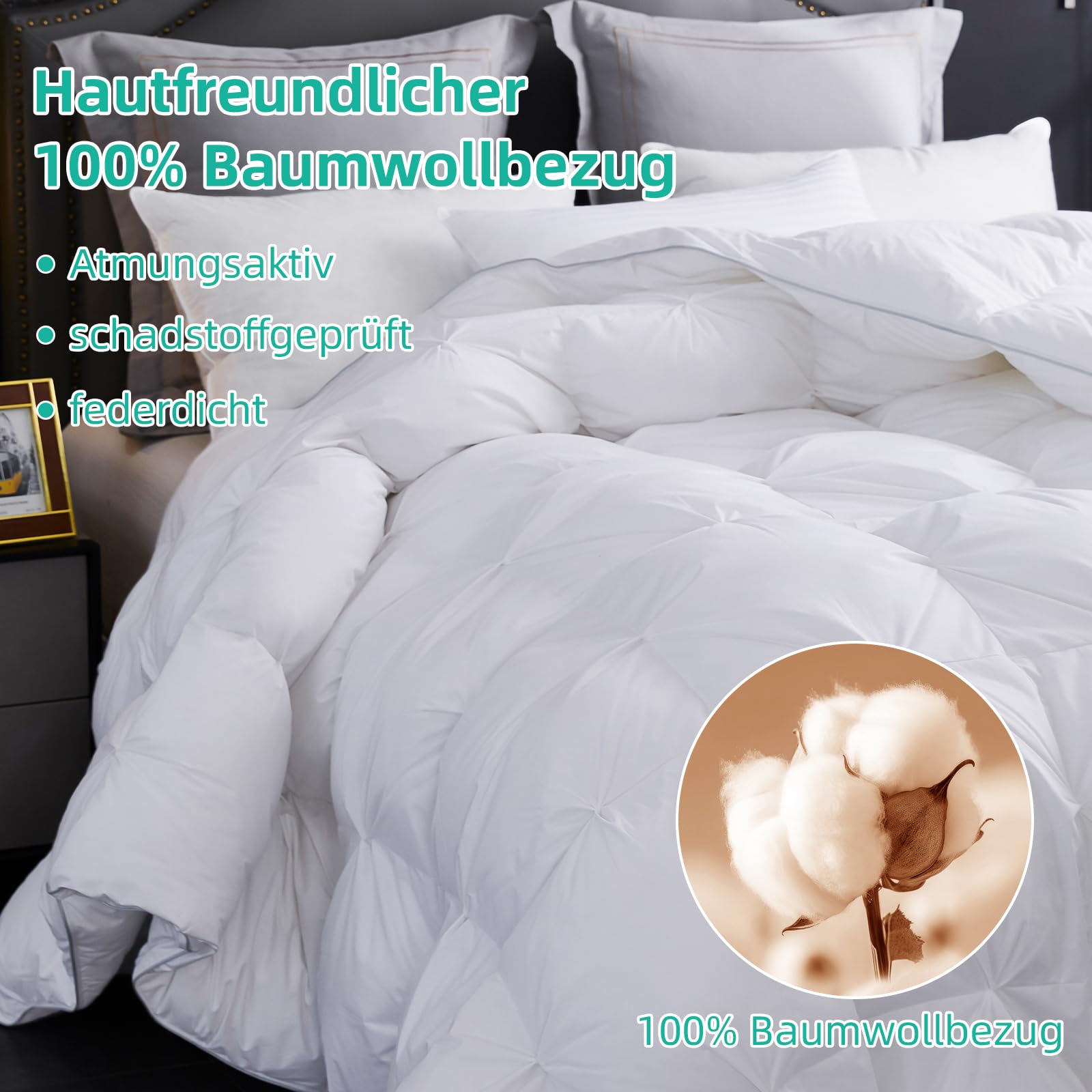 Three Geese Daunenbettdecke 155x220 cm – Alljahresdecke mit Gänsedaunen-Feder-Mischung (1200g), 100% Baumwollbezug, Ökotex & RDS Zertifiziert