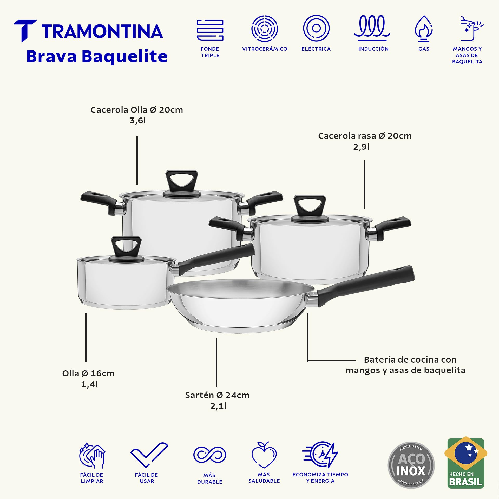 Tramontina Batterie de Cuisine Brava Inox Fond Triple Bakélite 4 Pièces