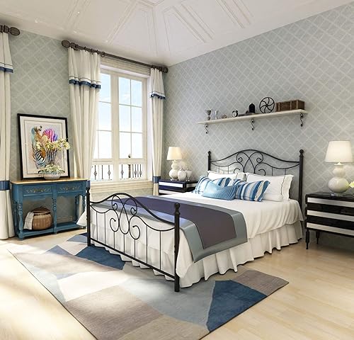 Miniatura 13 de TUSEER Base de cama de metal tamaño Queen con cabecero vintage y base de plataforma de estribo, marco de cama de hierro forjado (Queen, marrón