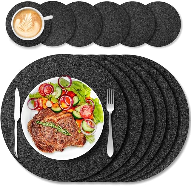 Felt Place Mat Set of 6 Wipe Clean Place Mats with Set of 6 Glass Coasters, Heat Resistant Felt Mat for Kitchen, Family and Restaurant, Dark Grey