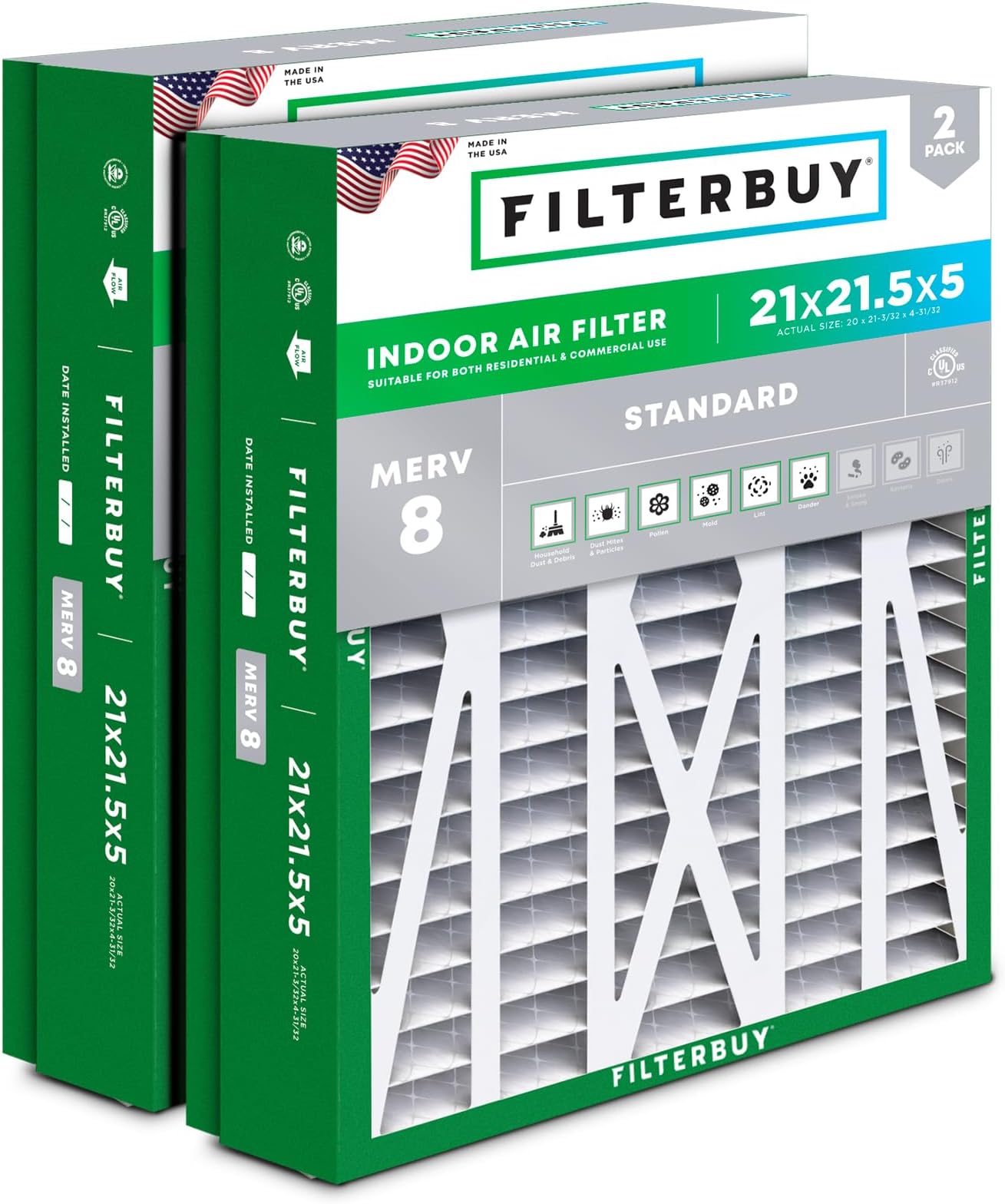 Filterbuy 21x21.5x5 Air Filter MERV 8 Essential Dust & Allergy Defense (2-Pack), Pleated HVAC AC Furnace Filters for Trane Perfect Fit & American Standard (Actual Size: 20.00 x 21.09 x 4.97)