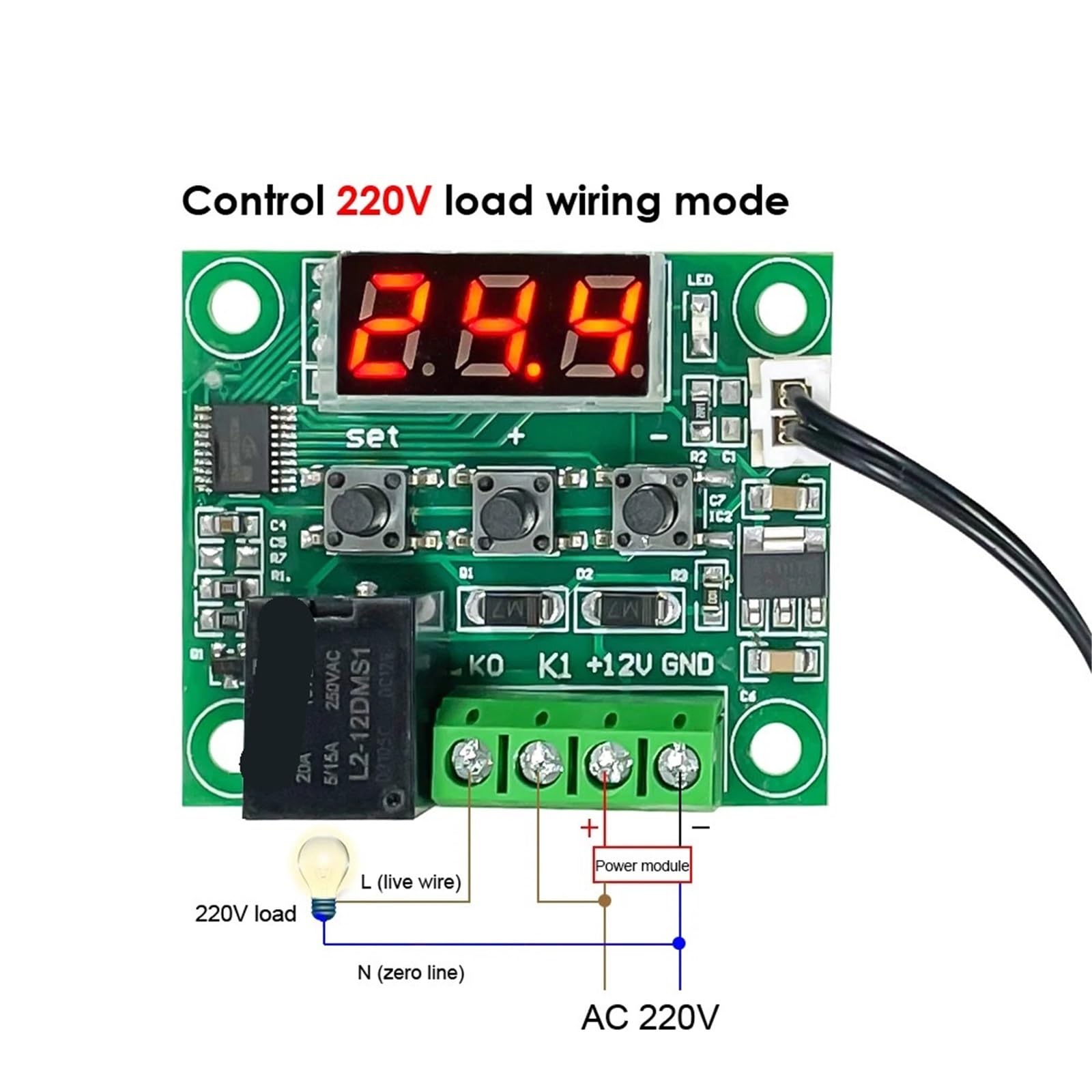 10 pezzi W1209 LED Termostato digitale Controllo temperatura Termometro DC 12V Modulo interruttore regolatore termico + sensore(Blue)