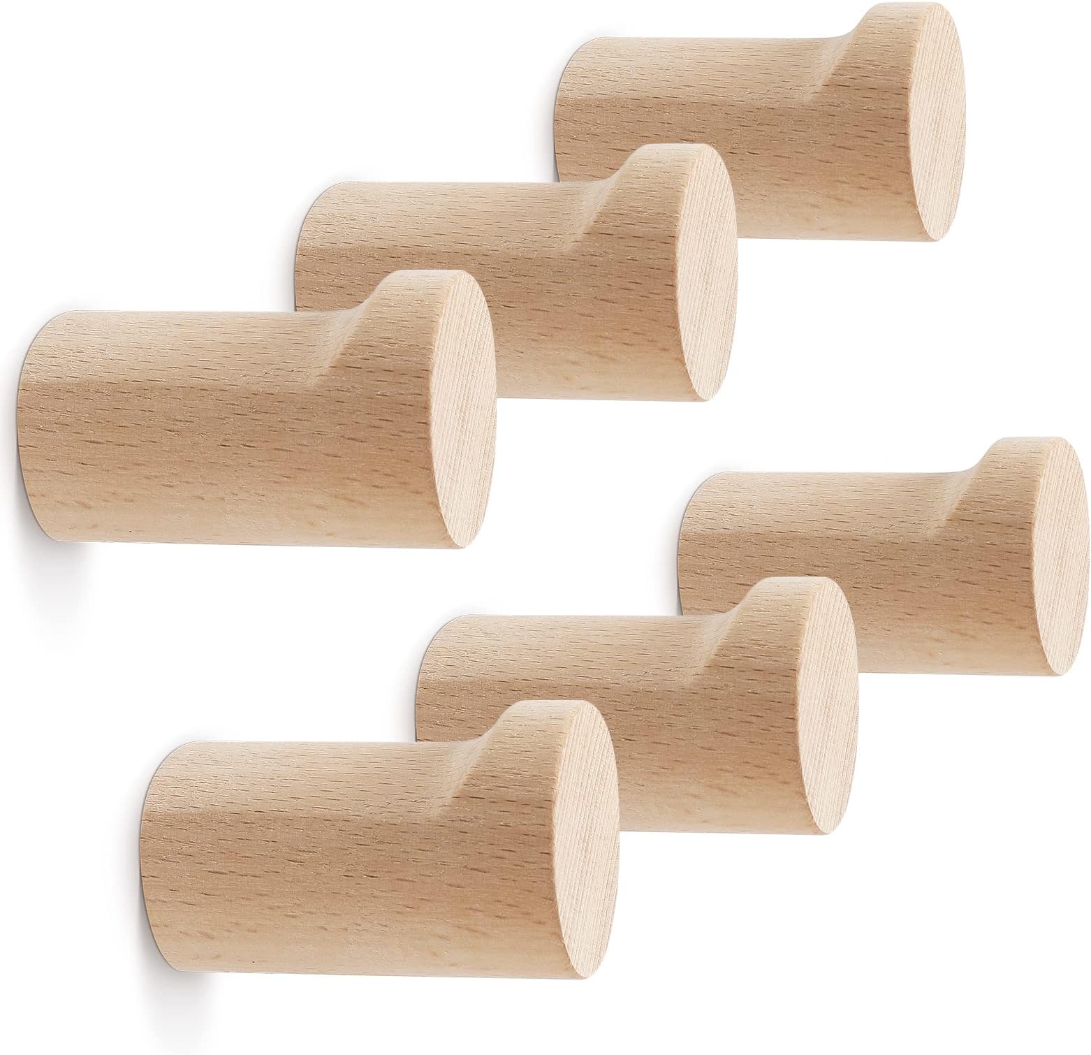bsdonte Wood Wall Hooks 6 Pack, Natural Wooden Coat Hooks Wall Mounted, Handmade Rustic Hat Hooks Heavy Duty Entryway Wall Hangers for Hanging Towels, Clothes, Bags (Beech Wood)