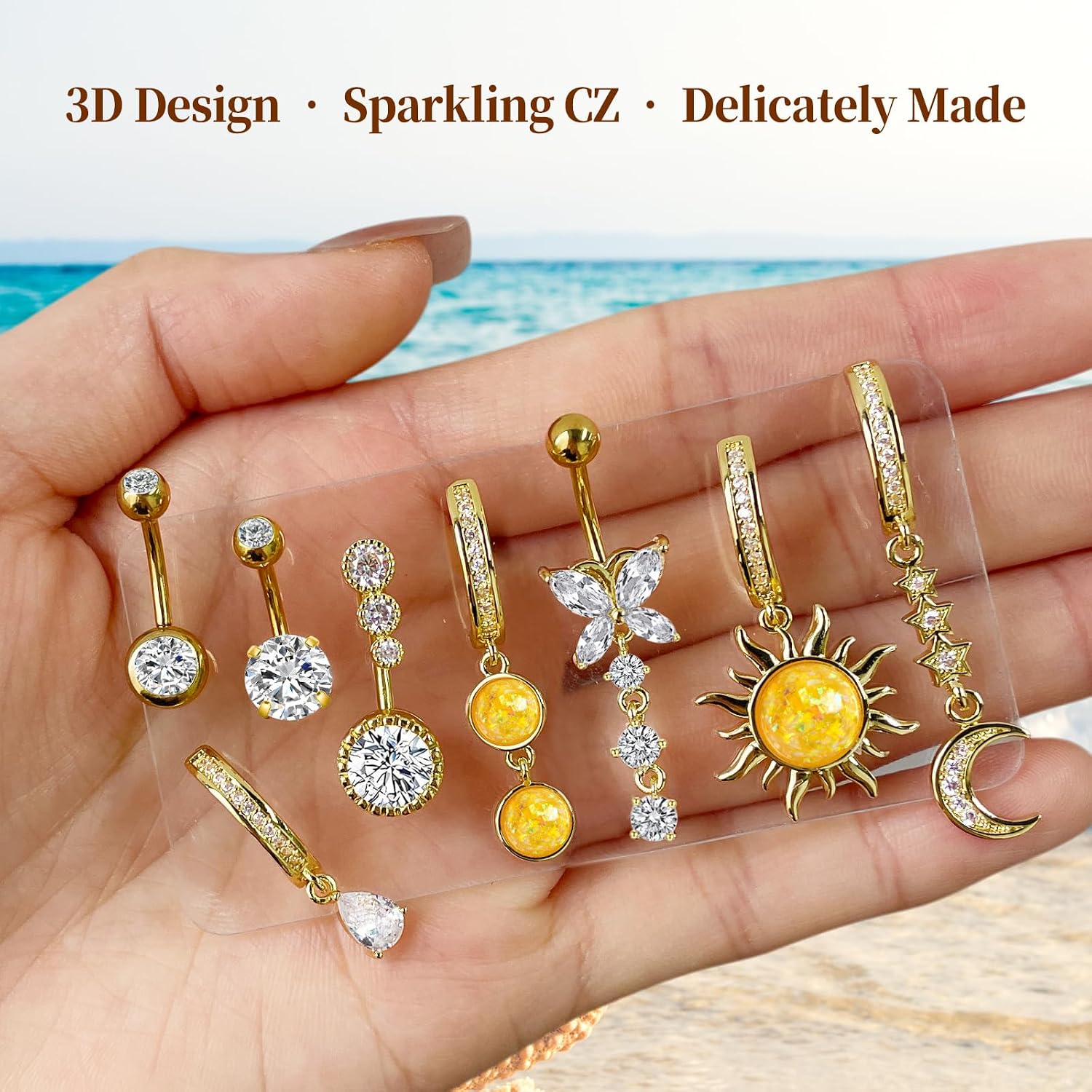 Gold Belly Button Ring 316L Surgical Stainless Steel Belly Button Piercing, 10mm Belly Ring for Women, 14G Navel Piercing Jewelry 3D Design Sun Moon Butterfly with CZ