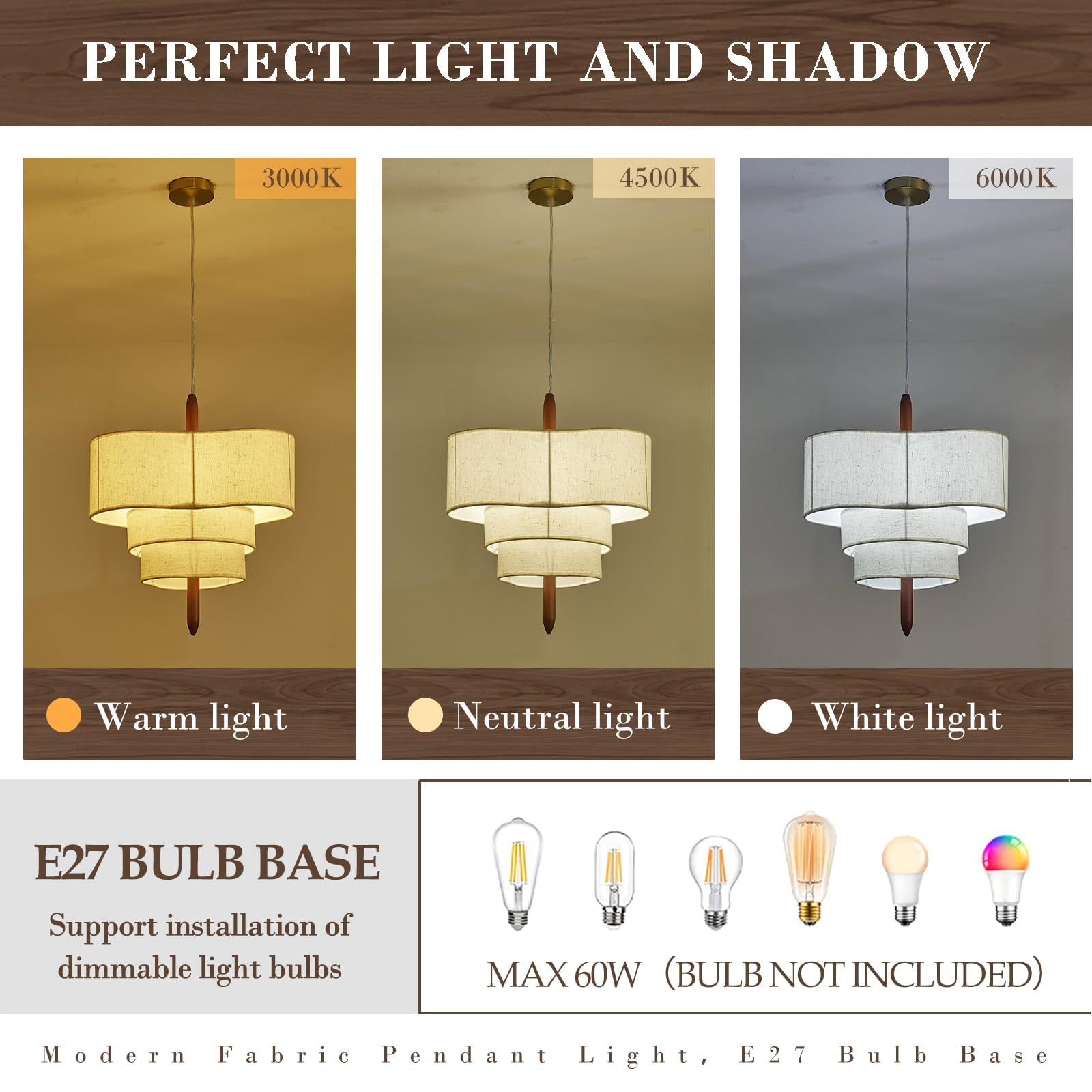 Lampadario Camera Da Letto Lino,40 cm Lampadario Soggiorno A 3 Piani Con Decorazione In Oro, Metallo E Legno Massello,Altezza Regolabile E27 Moderno Lampadari Cucina Per Cameretta Ristorante