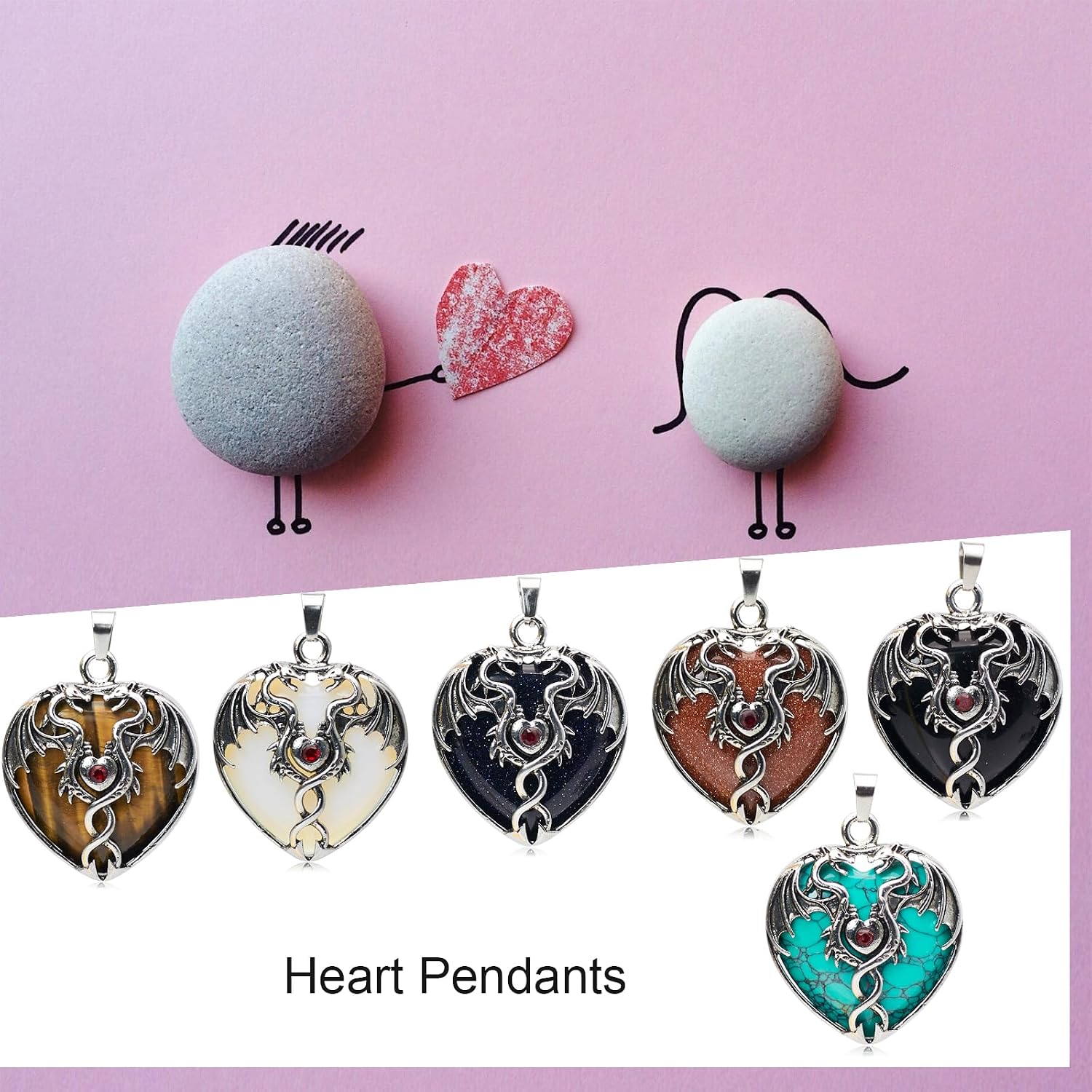 6 Pieces Crystal Dragon Pendants for Men Women Heart Shaped Alloy Dragon Inlay Design Natural Gemstone Quartz Charm for Jewelry Making Necklace