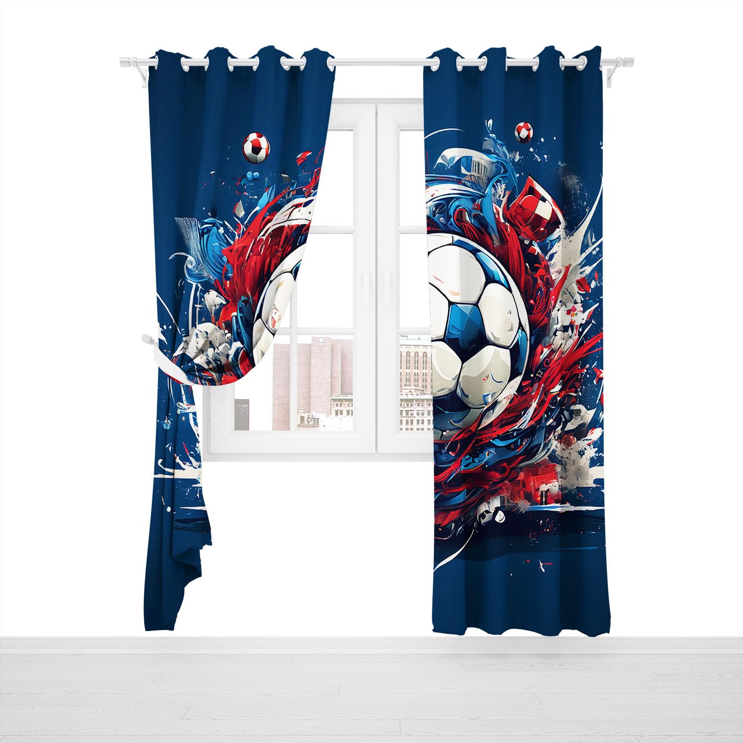 Rideaux de terrain de football, Rideaux à motifs 3D de football bleu avec œillets, Rideau occultant pour enfants à motifs de ballon de football colorés, Rideaux pour garçon pour chambre à