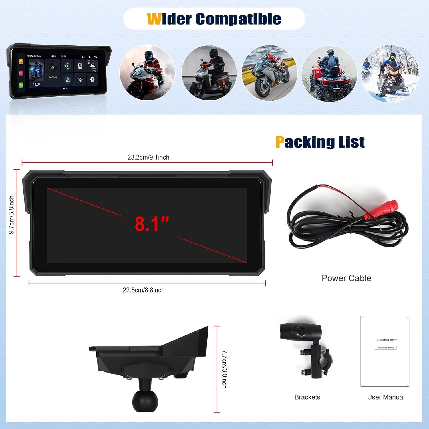SIXTOP Écran Carplay pour Moto, CarPlay et Android Auto sans Fil pour Moto, Écran Tactile Étanche de 8,1 Pouces, Audio Bluetooth, Navigation GPS, Égaliseur, Siri