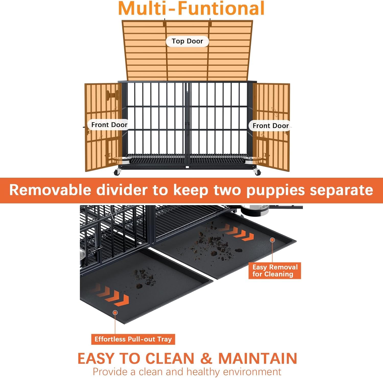 Jaula para perros con bandeja inferior, jaula para perros con divisor, 2 puertas y bandeja, caja doble 2 en 1 para perros grandes y medianos, 120 x 73 x 68 cm, color negro