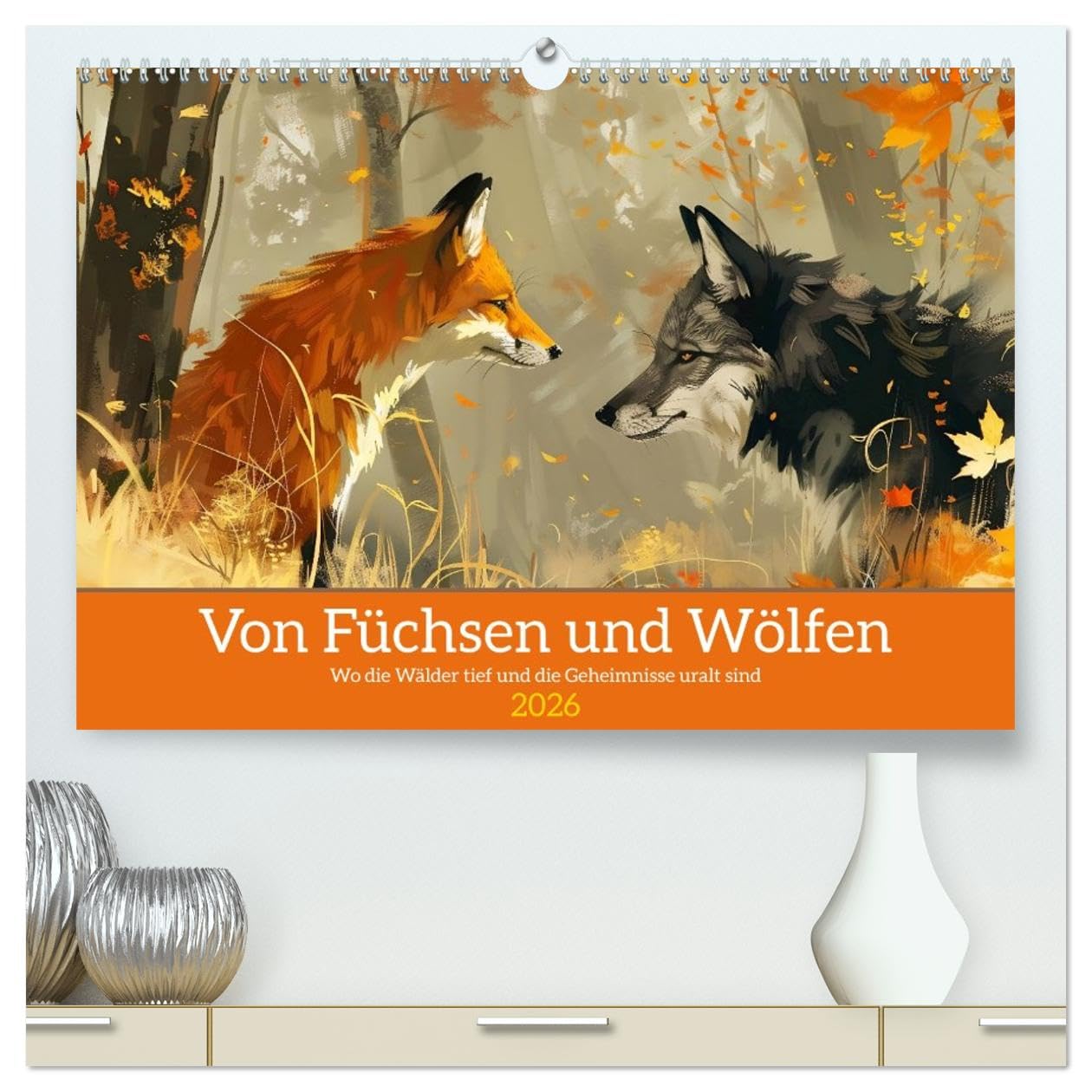 Von Füchsen und Wölfen (hochwertiger Premium Wandkalender 2026 DIN A2 quer), Kunstdruck in Hochglanz: Die Wächter uralter Geheimnisse (CALVENDO Tiere)