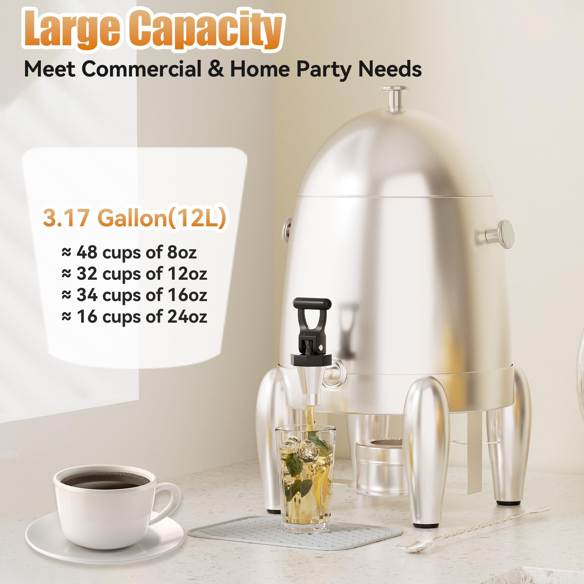 Commercial Drink Dispenser, 3 Gallon Stainless Steel Cold and Hot Water Beverage Dispenser with Stand, Insulated and Heating Chafer Urn with Spigot for Coffer Tea Serving on Parties, Events, Catering