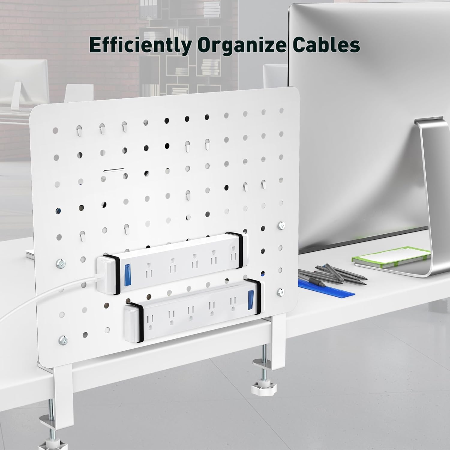 Clamp-on Desk Pegboard – Steel No Drill Desktop Organizer Panel with Gaming Controller Holder, Headphone Hook, and Storage Shelf – Vertical Mount for Office and Home Setup(White