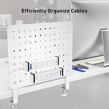 Clamp-on Desk Pegboard Steel No Drill Desktop Organizer Panel with Gaming Controller Holder, Headphone Hook, and Storage Shelf Vertical Mount for Office and Home Setup(White