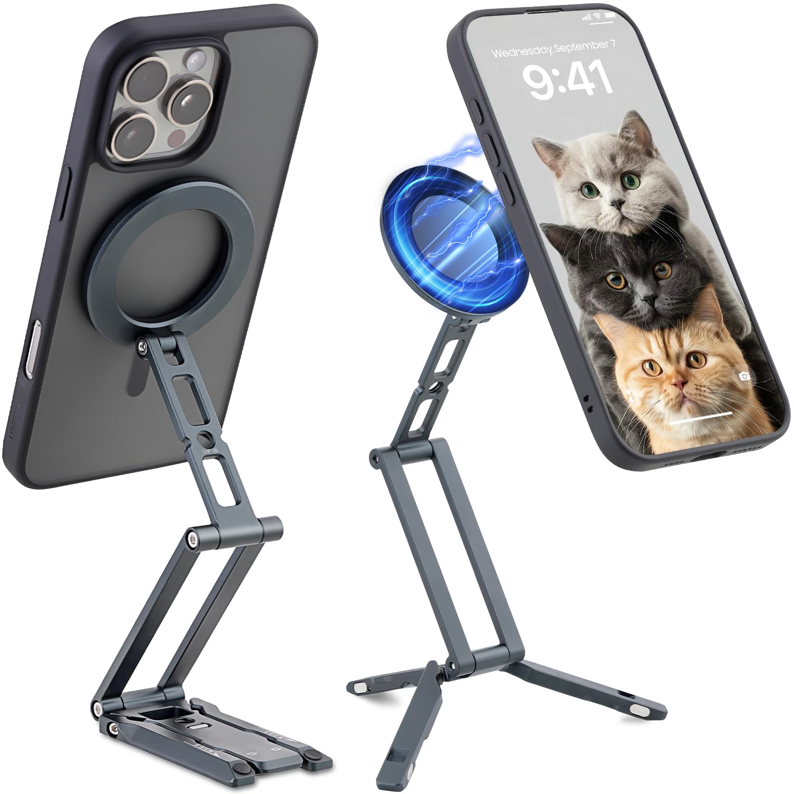 Leftfoto Supporto magnetico in metallo forte per telefono cellulare regolabile a 3 assi pieghevole mini treppiede da scrivania compatibile con iPhone 16/15 Pro Max/14 Pro/13/12/custodie MagSafe o